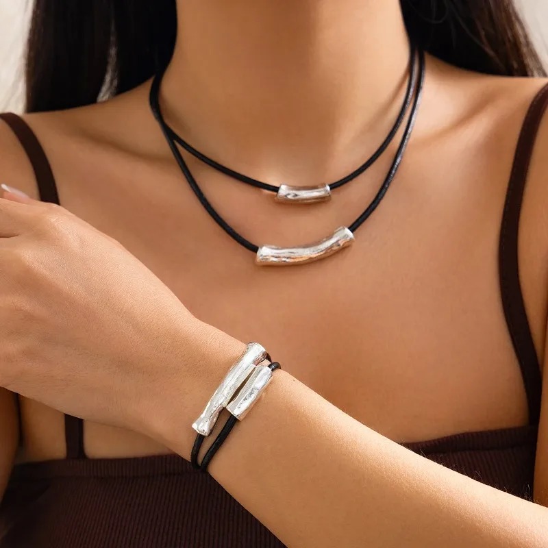 Men Accessories Aesthetic - Multilayer Black Leather Adjustable Necklace Charm